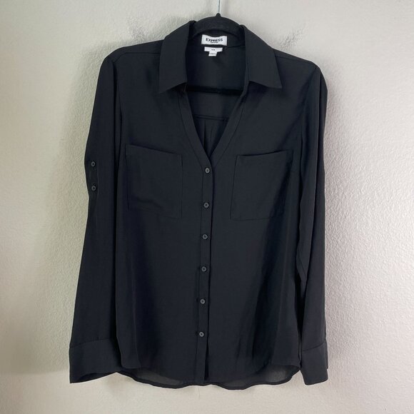 Express Portofino Shirt Womens Medium Slim Button Up Blouse Black Top - Picture 1 of 7